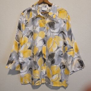 Alfred Dunner Top Blouse Yellow Gray Floral Burnout Sheer Spring Sz 16 EUC